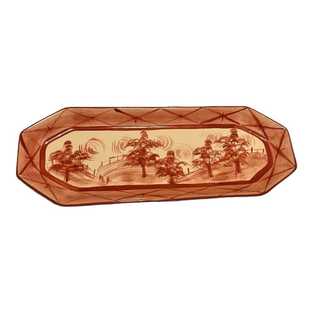Gail Pittman red toile hand painted pottery bread tray. Octagonal 7” x 19.5”